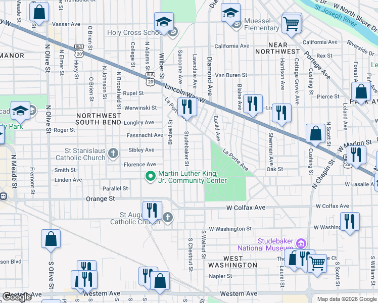 map of restaurants, bars, coffee shops, grocery stores, and more near 333 North Walnut Street in South Bend