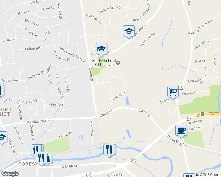 map of restaurants, bars, coffee shops, grocery stores, and more near 14 Great Plain Dr in Plainville