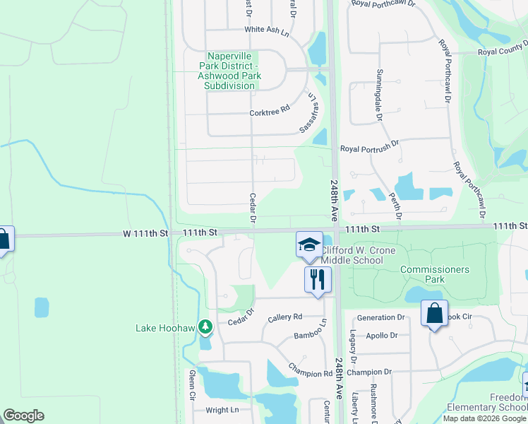 map of restaurants, bars, coffee shops, grocery stores, and more near 25035 111th Street in Naperville