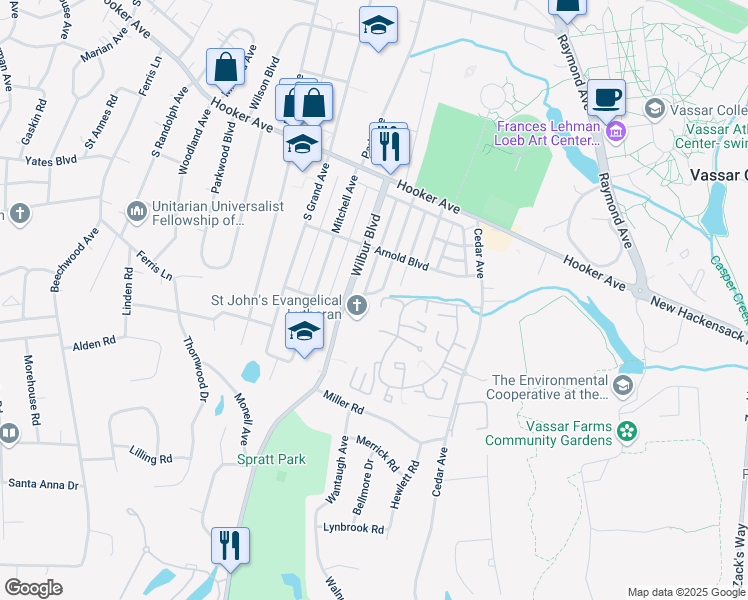 map of restaurants, bars, coffee shops, grocery stores, and more near 45 Kingston Avenue in Poughkeepsie