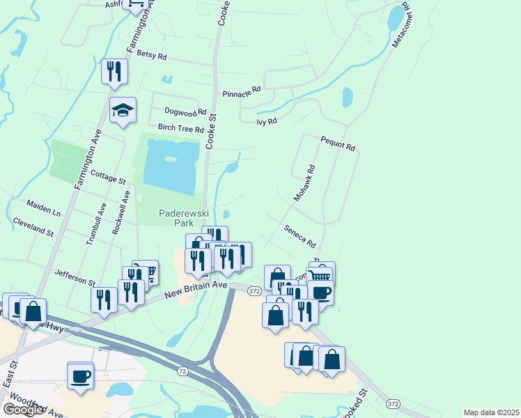 map of restaurants, bars, coffee shops, grocery stores, and more near 21 Seneca Road in Plainville