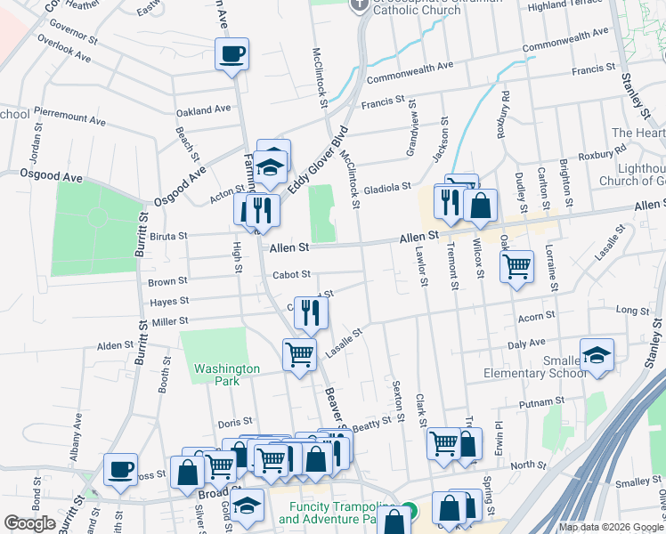 map of restaurants, bars, coffee shops, grocery stores, and more near 90 Cabot Street in New Britain