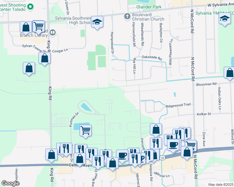 map of restaurants, bars, coffee shops, grocery stores, and more near 3516 Granite Circle in Toledo