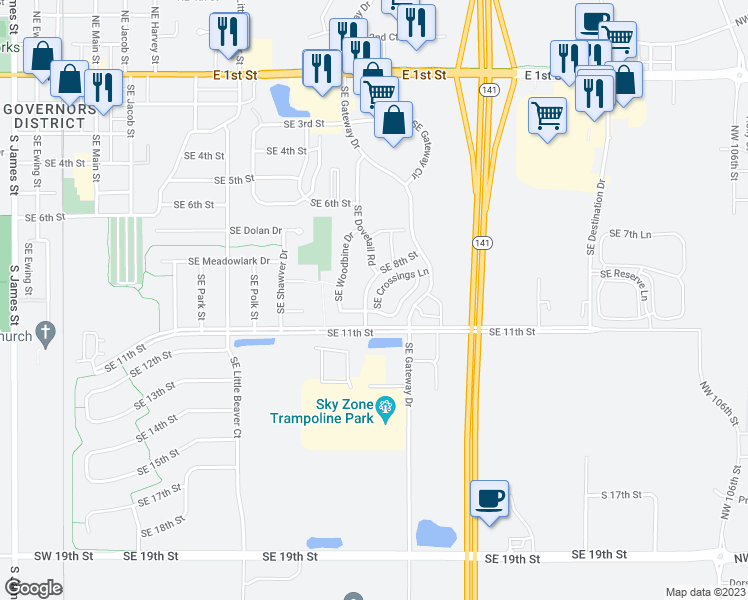 map of restaurants, bars, coffee shops, grocery stores, and more near 900 Southeast Crossings Lane in Grimes