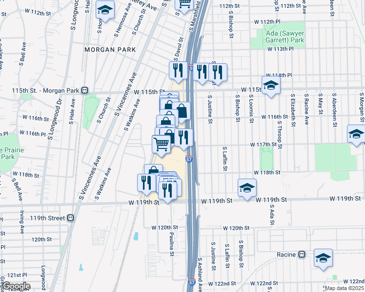 map of restaurants, bars, coffee shops, grocery stores, and more near S Paulina St in Chicago