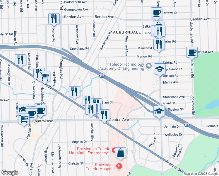 map of restaurants, bars, coffee shops, grocery stores, and more near 3230 Saint Bernard Drive in Toledo