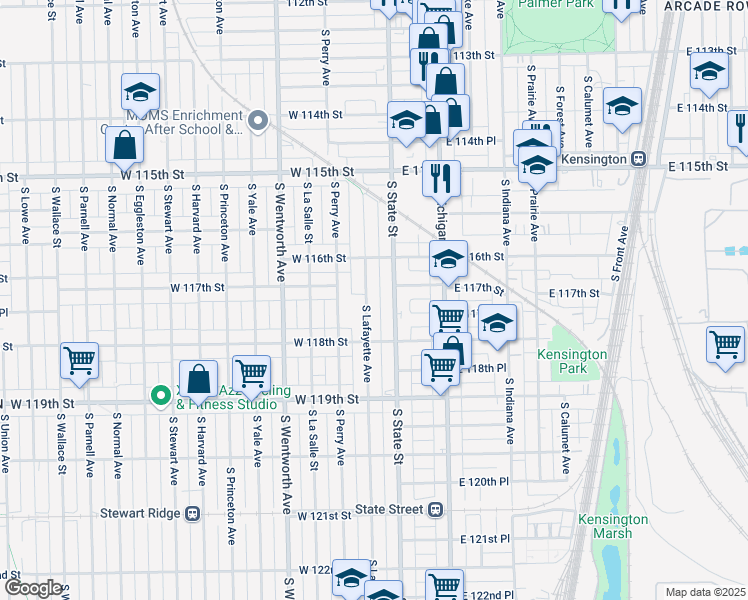 map of restaurants, bars, coffee shops, grocery stores, and more near 11733 South Lafayette Avenue in Chicago