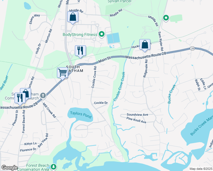 map of restaurants, bars, coffee shops, grocery stores, and more near 54 Cranberry Way in Chatham