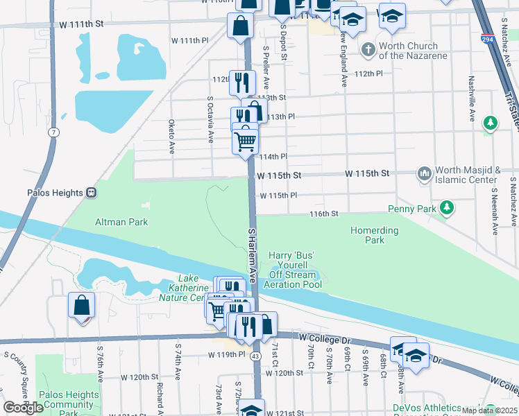 map of restaurants, bars, coffee shops, grocery stores, and more near 7158 116th Street in Worth