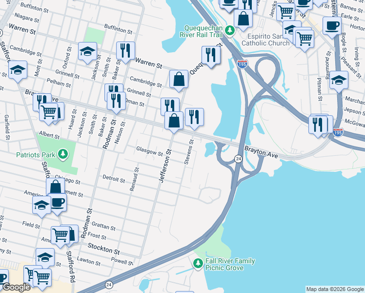 map of restaurants, bars, coffee shops, grocery stores, and more near 110 Stevens Street in Fall River
