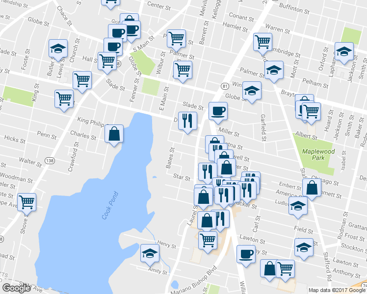 map of restaurants, bars, coffee shops, grocery stores, and more near 67 Tower Street in Fall River