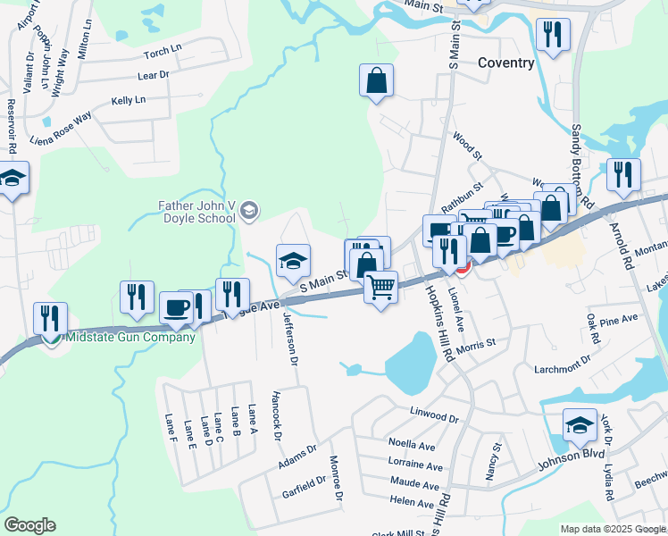 map of restaurants, bars, coffee shops, grocery stores, and more near 97 Bielers Lane in Coventry