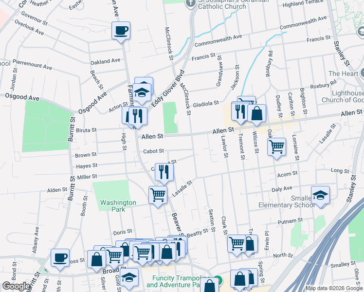 map of restaurants, bars, coffee shops, grocery stores, and more near 72 Concord Street in New Britain