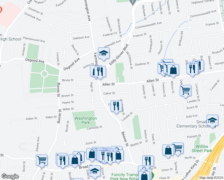 map of restaurants, bars, coffee shops, grocery stores, and more near 49 Cabot Street in New Britain