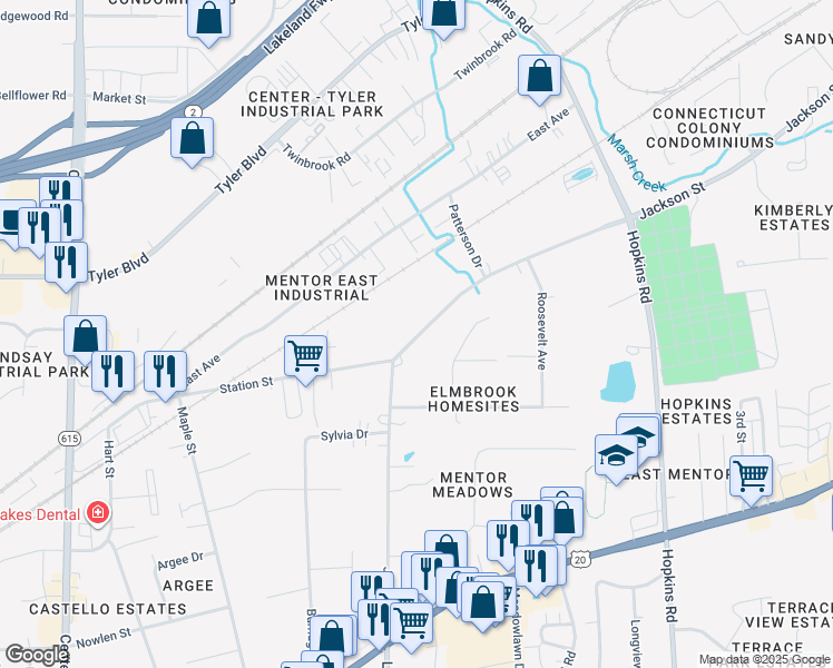 map of restaurants, bars, coffee shops, grocery stores, and more near 8742 Jackson Street in Mentor