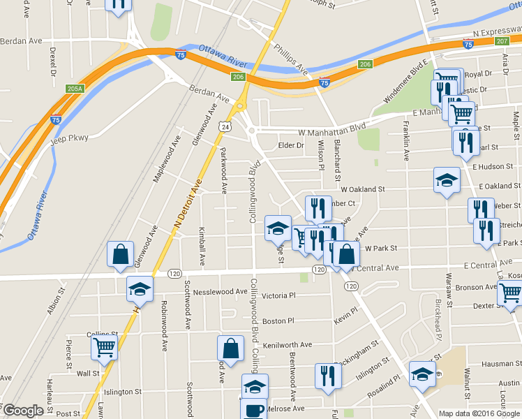 map of restaurants, bars, coffee shops, grocery stores, and more near 3238 Collingwood Boulevard in Toledo