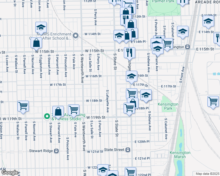 map of restaurants, bars, coffee shops, grocery stores, and more near 11733 South Lafayette Avenue in Chicago