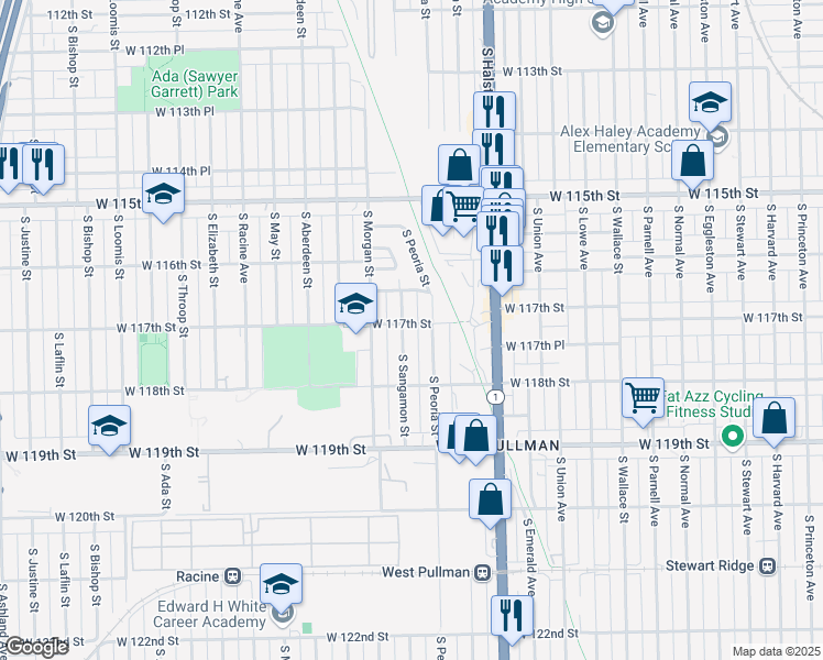 map of restaurants, bars, coffee shops, grocery stores, and more near 11732 South Peoria Street in Chicago