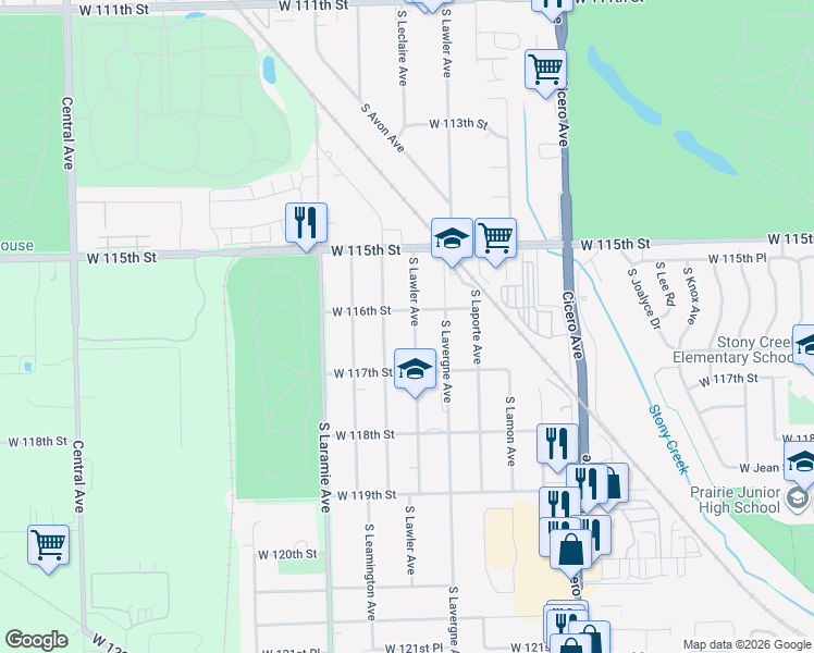 map of restaurants, bars, coffee shops, grocery stores, and more near 11640 South Lawler Avenue in Alsip