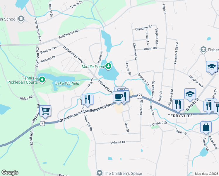 map of restaurants, bars, coffee shops, grocery stores, and more near 21 Harwinton Avenue in Plymouth