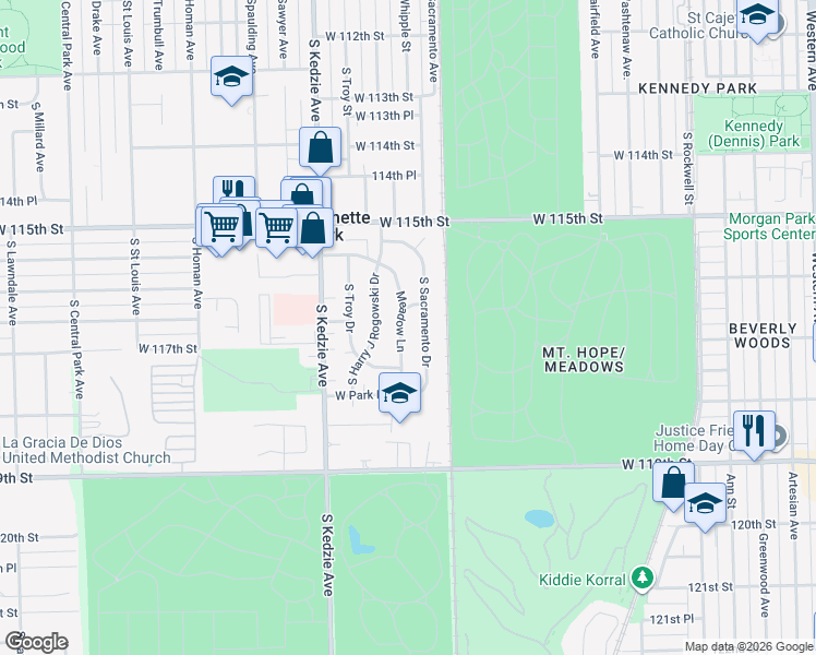 map of restaurants, bars, coffee shops, grocery stores, and more near 11708 Meadow Lane in Merrionette Park