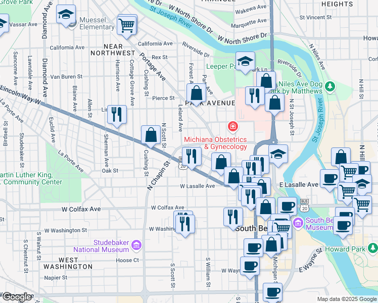 map of restaurants, bars, coffee shops, grocery stores, and more near 432/434 Lincoln Way East in South Bend