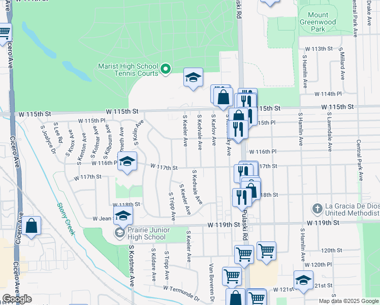 map of restaurants, bars, coffee shops, grocery stores, and more near 11635 South Keeler Avenue in Alsip