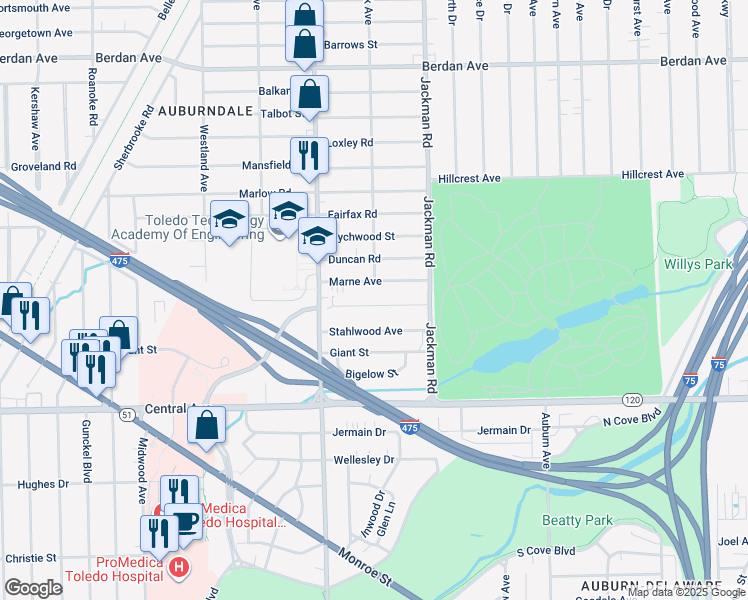 map of restaurants, bars, coffee shops, grocery stores, and more near 1820 Stahlwood Avenue in Toledo
