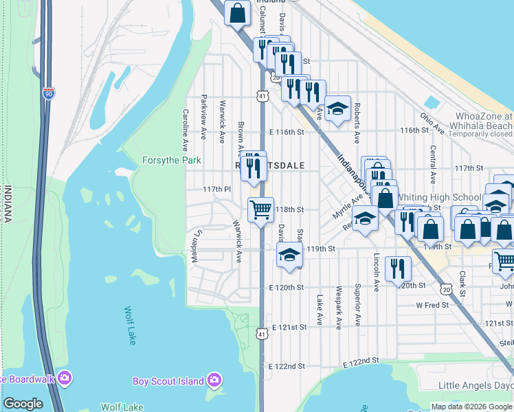 map of restaurants, bars, coffee shops, grocery stores, and more near 1821 Calumet Avenue in Whiting