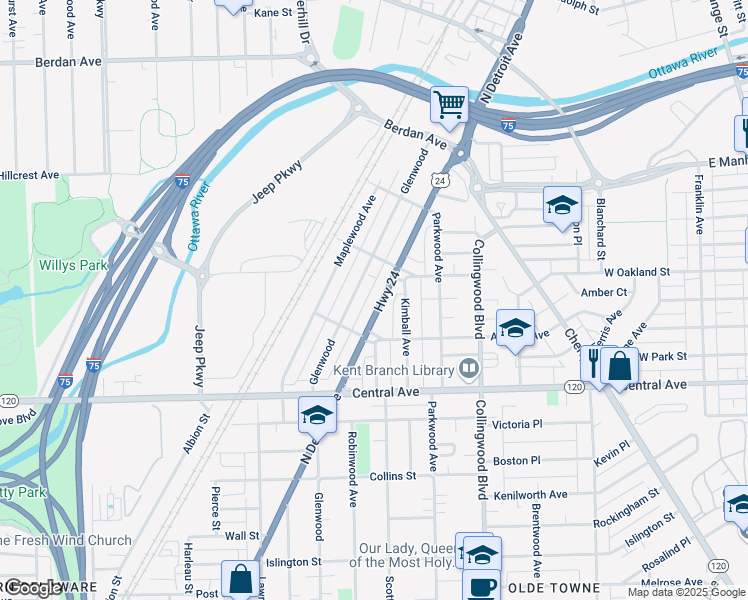 map of restaurants, bars, coffee shops, grocery stores, and more near 3241 North Detroit Avenue in Toledo