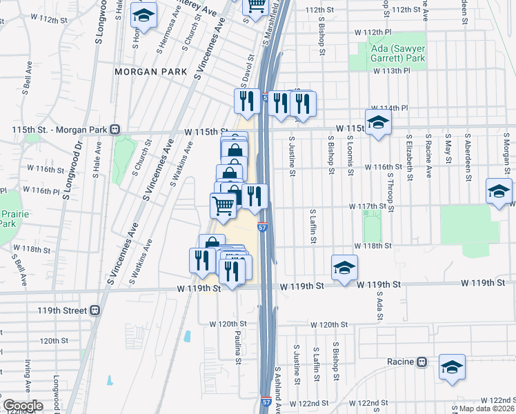 map of restaurants, bars, coffee shops, grocery stores, and more near 11697 South Marshfield Avenue in Chicago