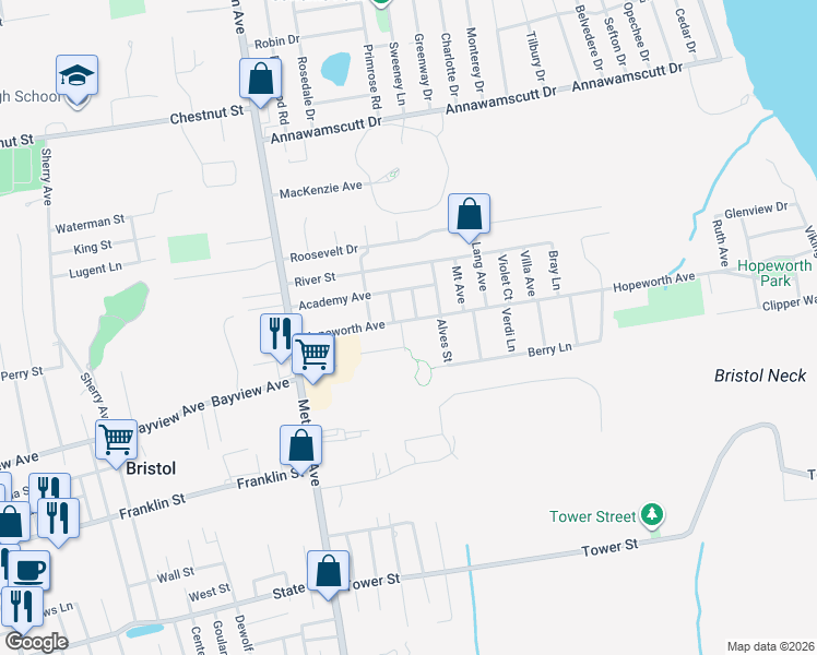 map of restaurants, bars, coffee shops, grocery stores, and more near 1 Brum Street in Bristol