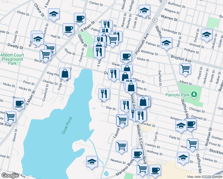 map of restaurants, bars, coffee shops, grocery stores, and more near 87 Aetna Street in Fall River