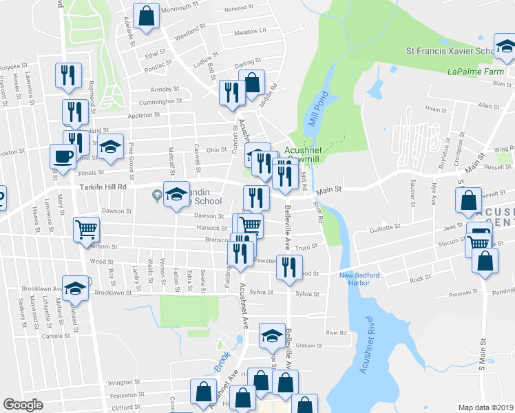 map of restaurants, bars, coffee shops, grocery stores, and more near 2157 Acushnet Avenue in New Bedford