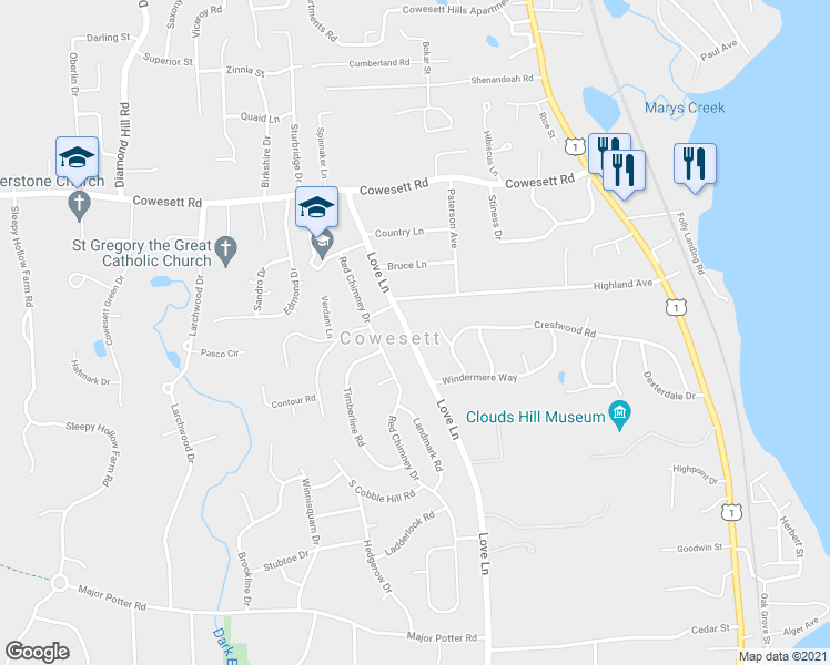 map of restaurants, bars, coffee shops, grocery stores, and more near 166 Love Lane in Warwick