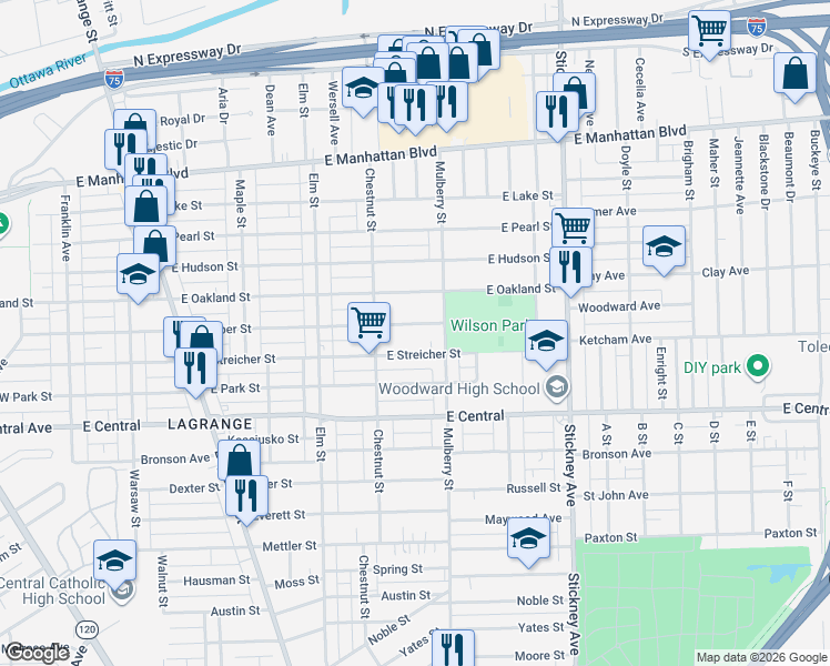 map of restaurants, bars, coffee shops, grocery stores, and more near 3241 Mulberry Street in Toledo