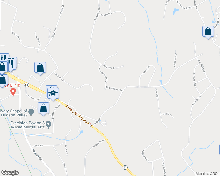 map of restaurants, bars, coffee shops, grocery stores, and more near Woodview Road in Poughkeepsie