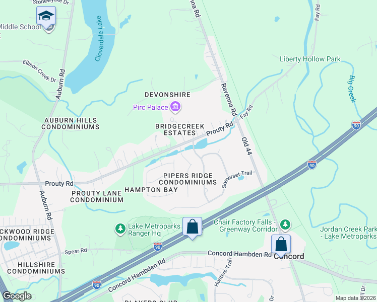 map of restaurants, bars, coffee shops, grocery stores, and more near 11333 County Highway 414 in Painesville