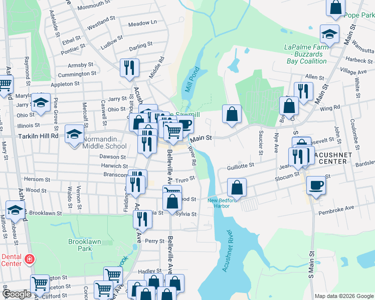 map of restaurants, bars, coffee shops, grocery stores, and more near 3 Main Street in Acushnet
