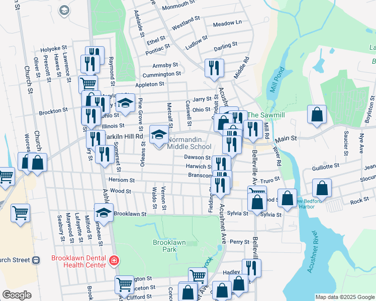 map of restaurants, bars, coffee shops, grocery stores, and more near 31 Holden Street in New Bedford
