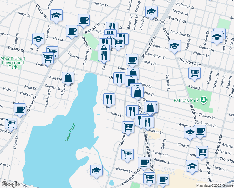 map of restaurants, bars, coffee shops, grocery stores, and more near 87 Aetna Street in Fall River