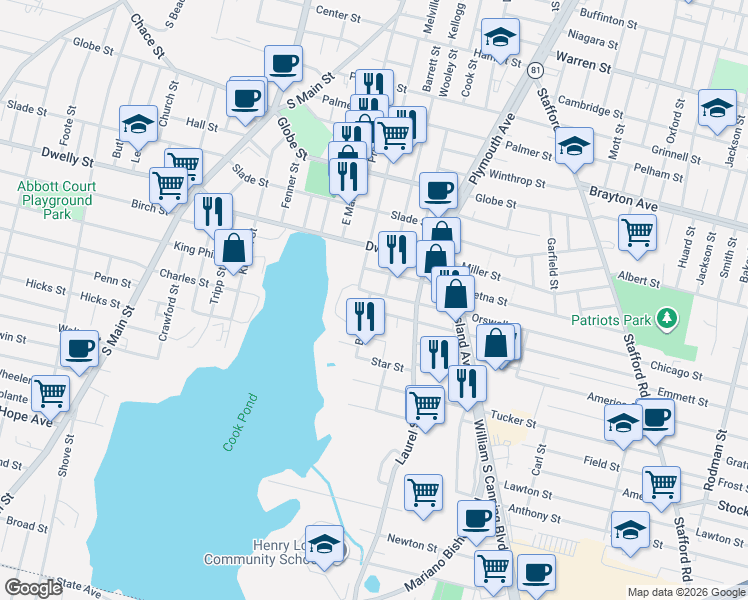 map of restaurants, bars, coffee shops, grocery stores, and more near 578 Montaup Street in Fall River