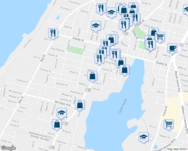 map of restaurants, bars, coffee shops, grocery stores, and more near 732 Penn Street in Fall River