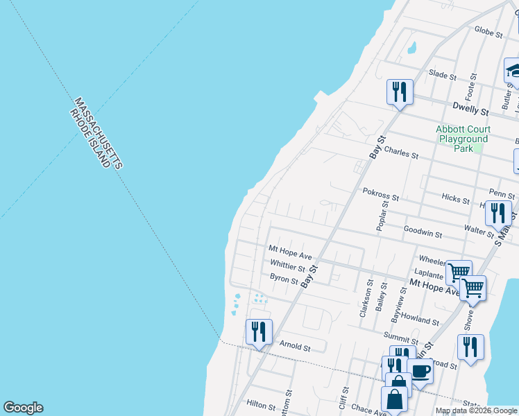 map of restaurants, bars, coffee shops, grocery stores, and more near 2 Atlantic Boulevard in Fall River