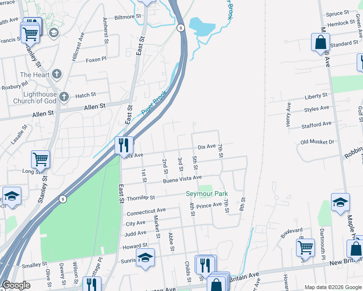 map of restaurants, bars, coffee shops, grocery stores, and more near 103 5th Street in Newington