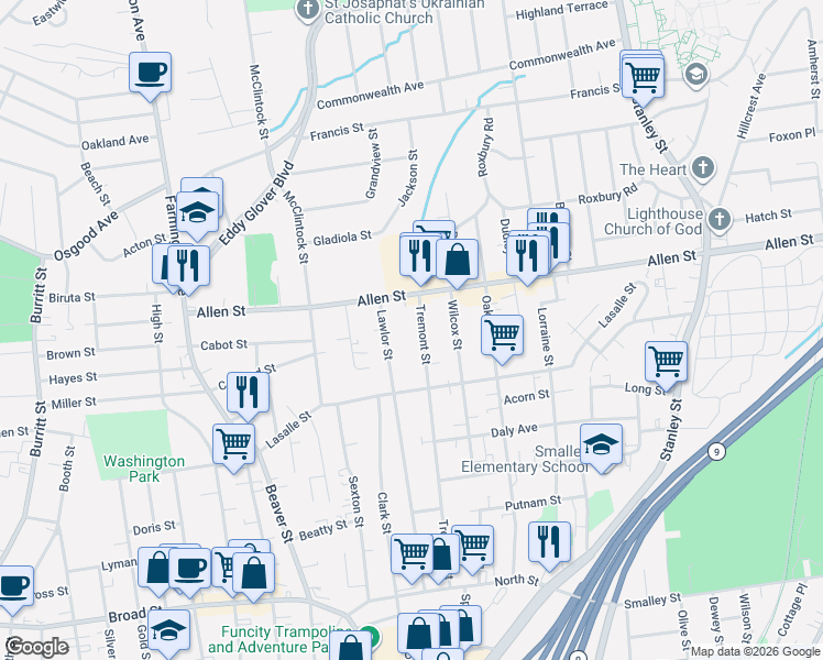 map of restaurants, bars, coffee shops, grocery stores, and more near 295 Tremont Street in New Britain