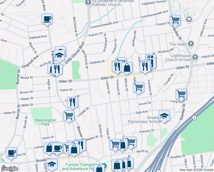 map of restaurants, bars, coffee shops, grocery stores, and more near 287 Lawlor Street in New Britain