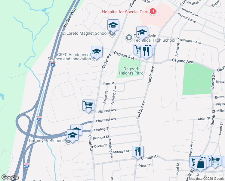 map of restaurants, bars, coffee shops, grocery stores, and more near 198 Elam Street in New Britain