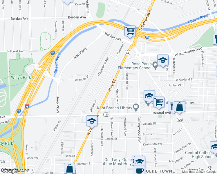 map of restaurants, bars, coffee shops, grocery stores, and more near 3260 Glenwood in Toledo