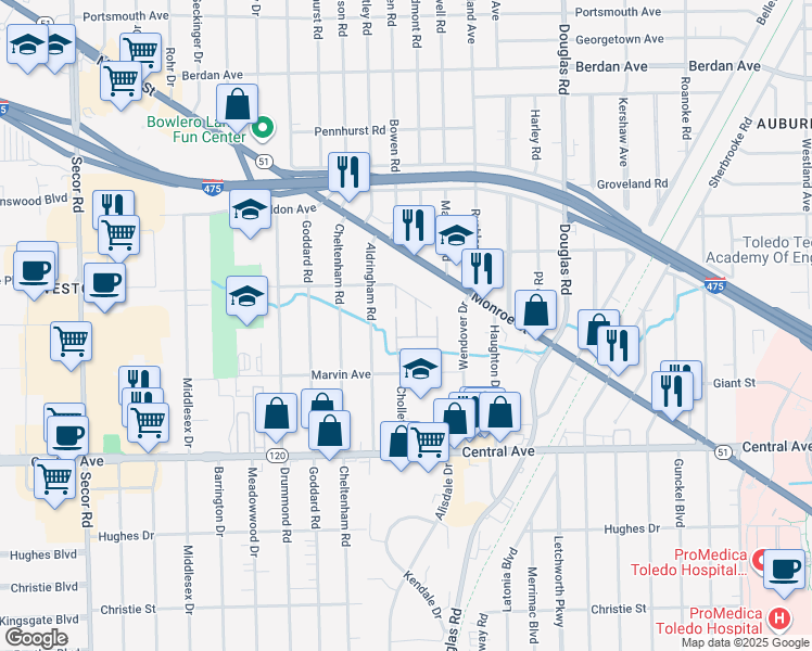 map of restaurants, bars, coffee shops, grocery stores, and more near 3200-3298 Cardiff Ct in Toledo